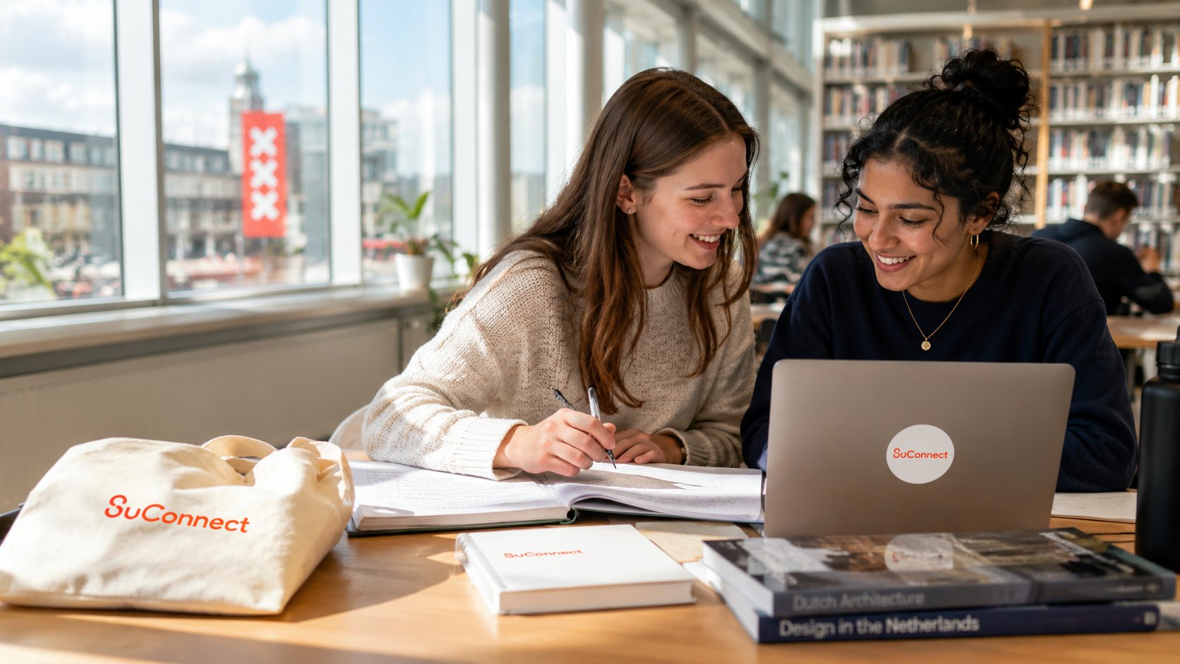 Studenten studeren samen in bibliotheek Amsterdam met SuConnect